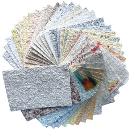 Musterfächer Baumwollputz leihweise mit Gratis Probe - Sajade 1 Musterfächer mit Original Dekoren von Baumwollputz und Flüssigtapete Sajade im Original und postkartengröße